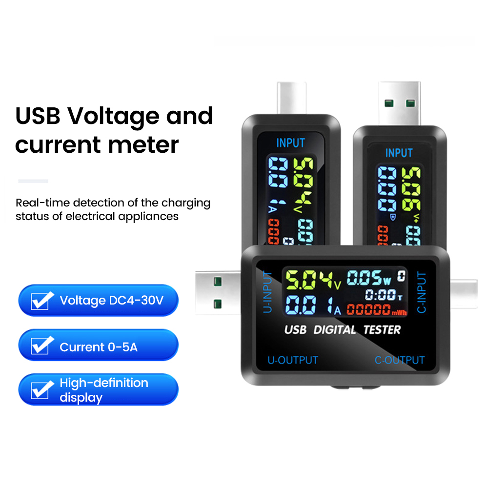 USB+Type-C Multi-function Digital Display DC Voltage Ammeter Power Meter Detector Power Bank Charger Indicator DC 4.5-36V