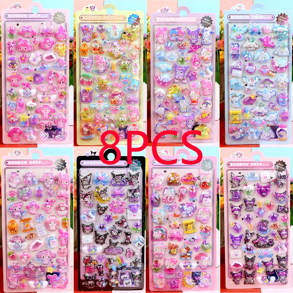Simpatico cartone animato luminoso Sanrio adesivi in rilievo 3D Kawaii My Melody Kuromi Cinnamoroll decalcomanie giocattoli decorativi custodia per telefono portatile