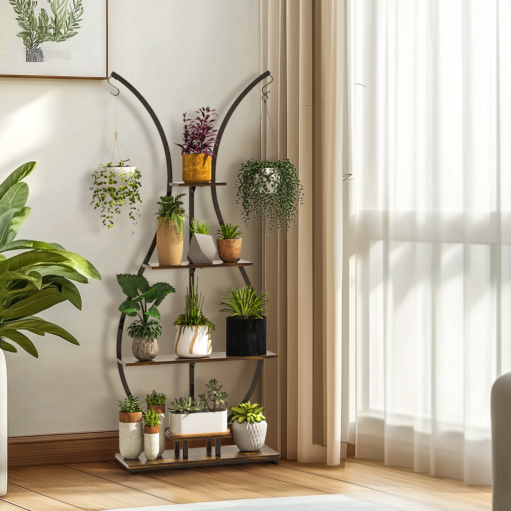 Rack de exibição de plantador alto em forma de vaso Suporte de planta de jardim de metal com 5 camadas e cabides