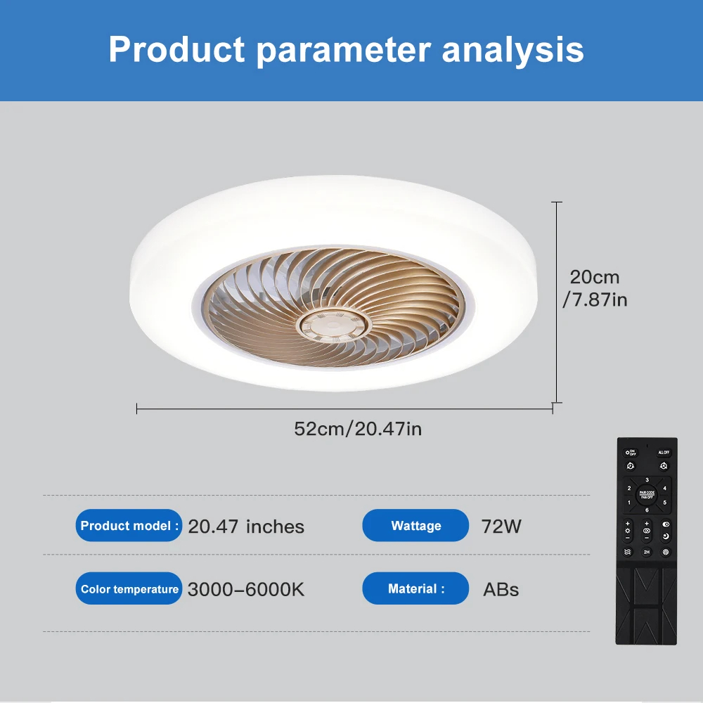Ventilatori da soffitto intelligenti con luci Telecomando Decorazioni per la camera da letto Lampada da ventilatore Lame invisibili dell'aria da 52 cm Silenzioso