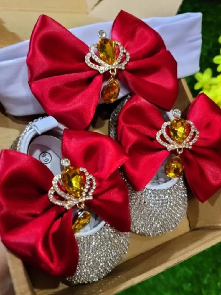 Dollbling Zarte Aprikose Schmetterling Babyschuhe Stirnband Set Luxus Diamant Fluff Outfit Rote Unterseite Kleines Mädchen Taufe Schuhe