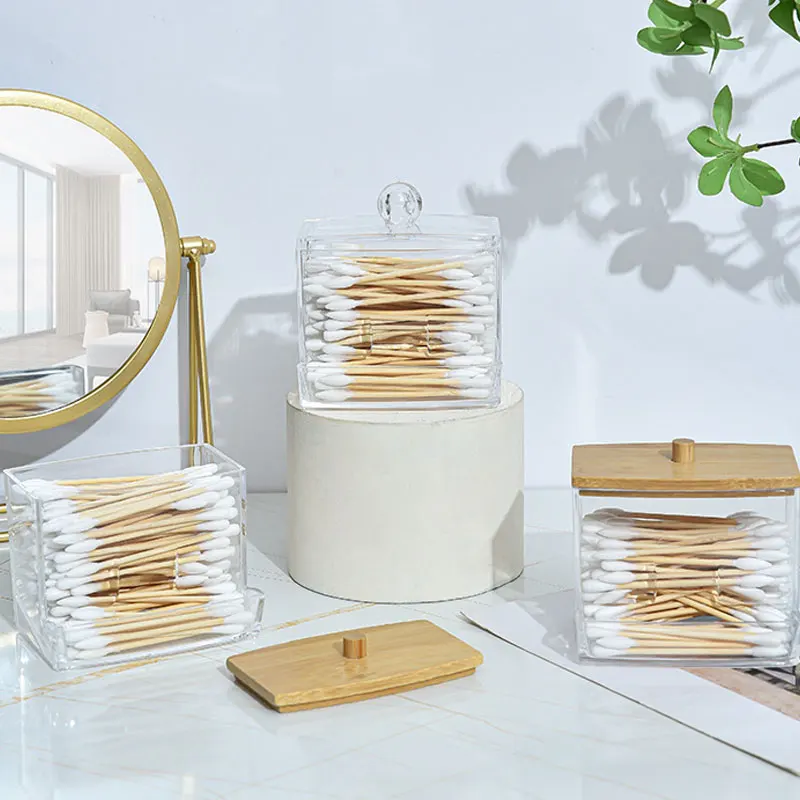 Supporto per tamponi di cotone da 1 pezzo da 7 Oz per organizzare e conservare i bastoncini di cotone in stile con coperchi in legno, perfetti per il bagno e i barattoli di farmacia
