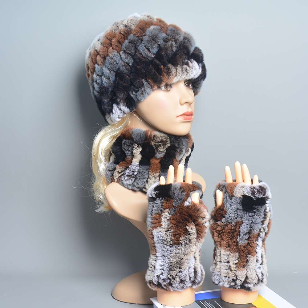 Winter Frauen Qualität Echtpelz Schal Hut Handschuh Sets Echt Rex Kaninchen Pelz Gestrickte Mützen Hut Echtpelz Schal Rex kaninchen Pelz Handschuh