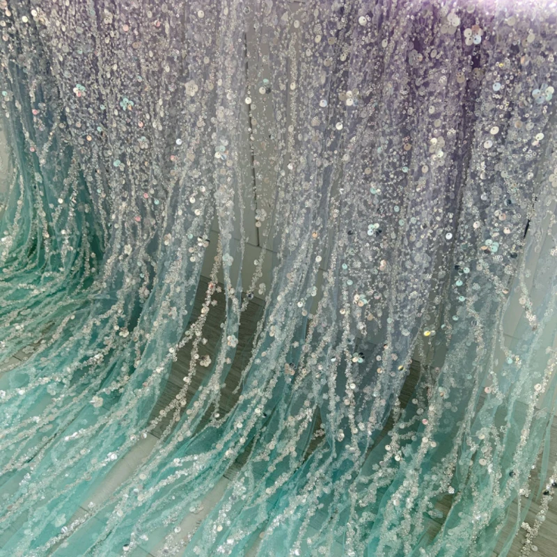 Tela de lentejuelas con cuentas pesadas para vestido de novia, tela de baile, azul, púrpura, degradado, agua