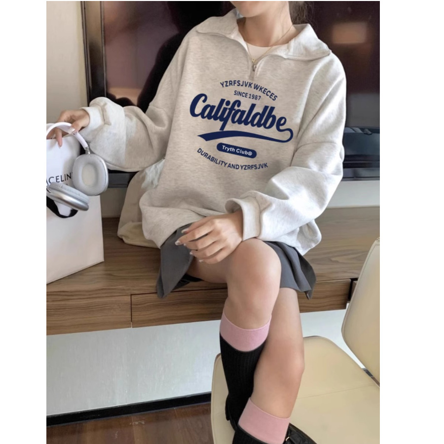 Loose Long Sleeve Polo Neck Half Zipper Sweatshirt Women's Korean Sle Autumn Winter New Letter Print Lazy Sle Pullover