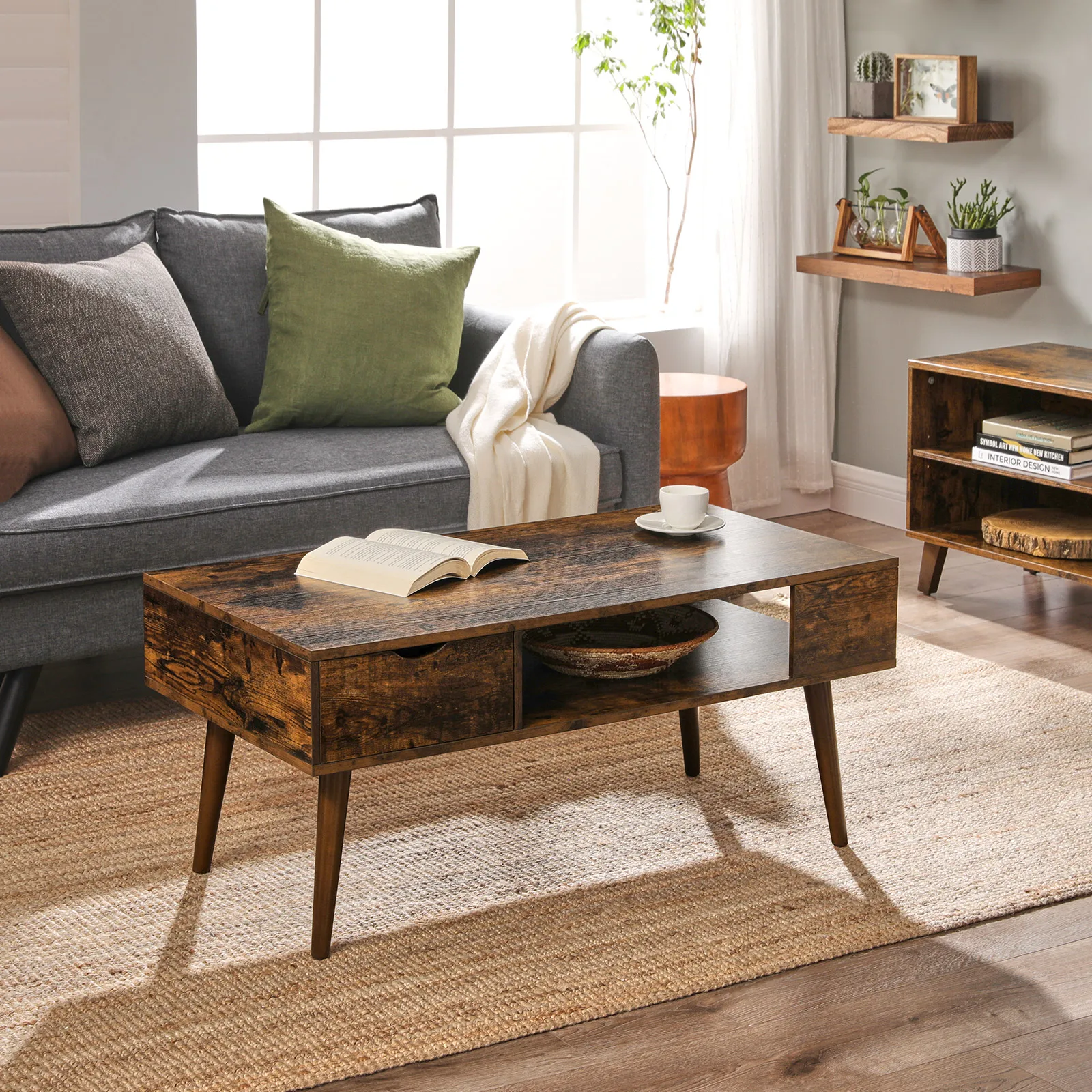 VASAGLE Couchtisch, mit Stauraum, Schublade, offenes Fach, für Wohnzimmer, Esszimmer, 100 x 50 x 45 cm