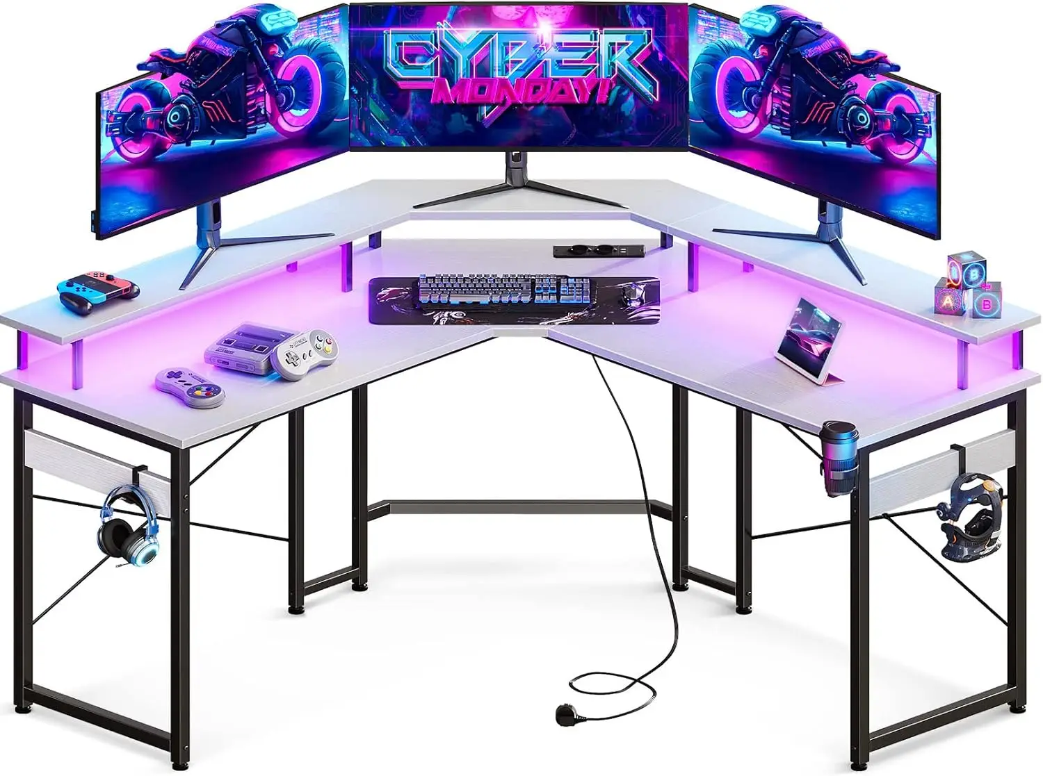 Mesa Gaming con LED,Escritorio Gaming con Enchufes,Mesa Escritorio Gaming con Soporte para Monitor,Blanco, escritorios, mesa gaming pc