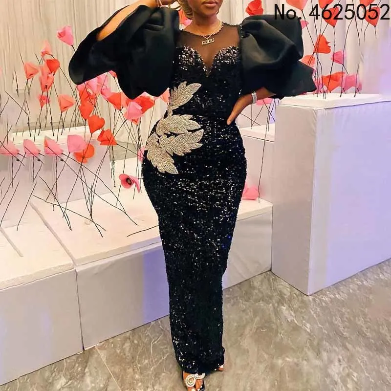 Customized Long Black Dresses Velvet Sequins Embroidered Chest Wrapped Puff Sleeve Dress Classy Ladies Spring Fall Party Celebri