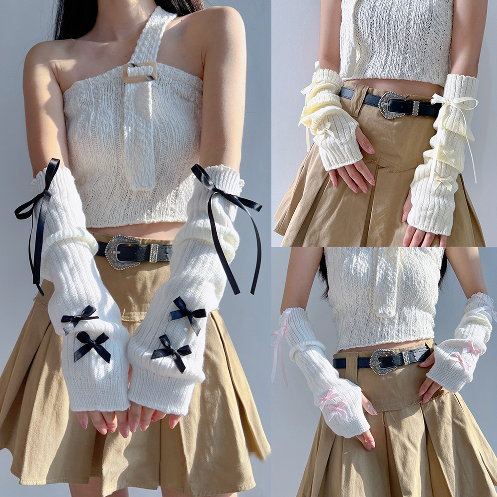 Calentadores de brazo a la moda Y2K para mujer, guantes de punto suaves con lazo, manoplas de medio dedo para mujer y niña, mangas gruesas de Color sólido