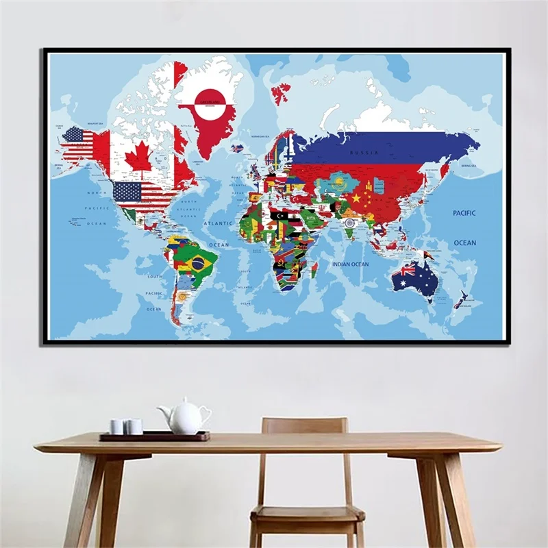 대형 세계 지도 포스터 부직포 물리적 지도 장식 걸이식 그림 플레이트, 사무실 학교 벽 장식, 150x225cm