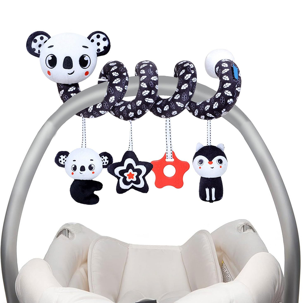 Cochecito de actividad colgante en espiral para recién nacidos, juguete para asiento de coche de bebé, sonajero de Koala de León blanco y negro para cuna, juguete para regalo sensorial móvil