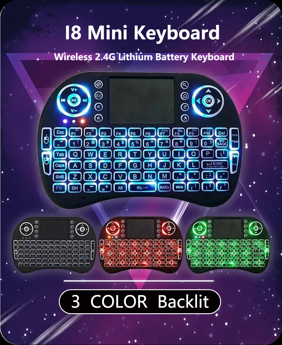 I8 Miniワイヤレスキーボード,2.4g, 3色バックライト,Android TVボックス用の英語エアマウス,タッチパッド付きリモコン,PC