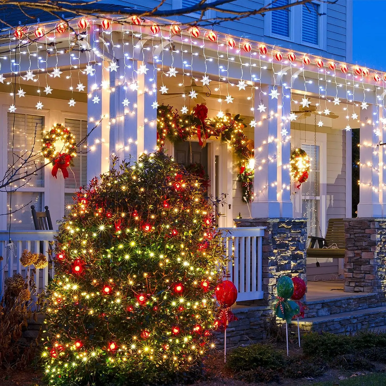 防水屋外LEDアイスキャンデーカーテン,フェアリーライト,クリスマスデコレーション,家の花輪,雪片,2025