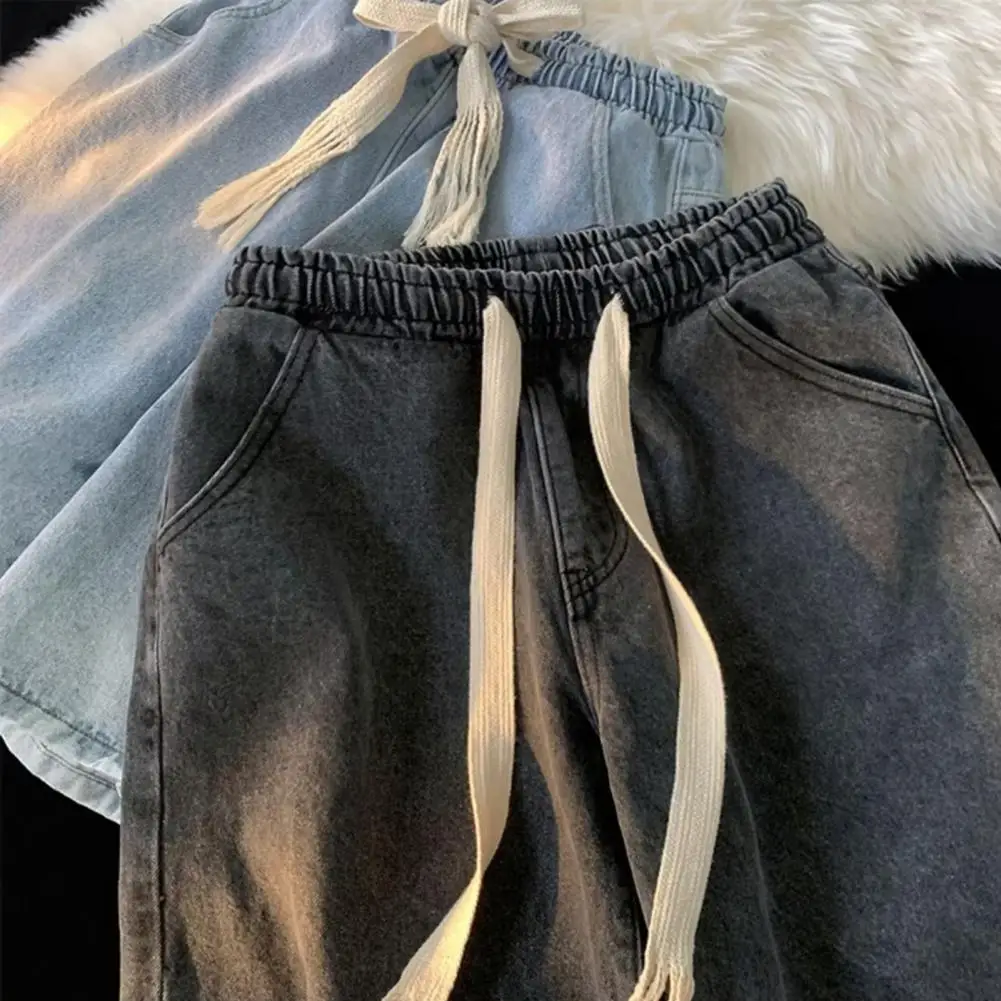 Elastic Waist Denim Trousers Men's Elastic Drawstring Denim Shorts with Pockets Casual Summer Beach Shorts Quick-drying for Men