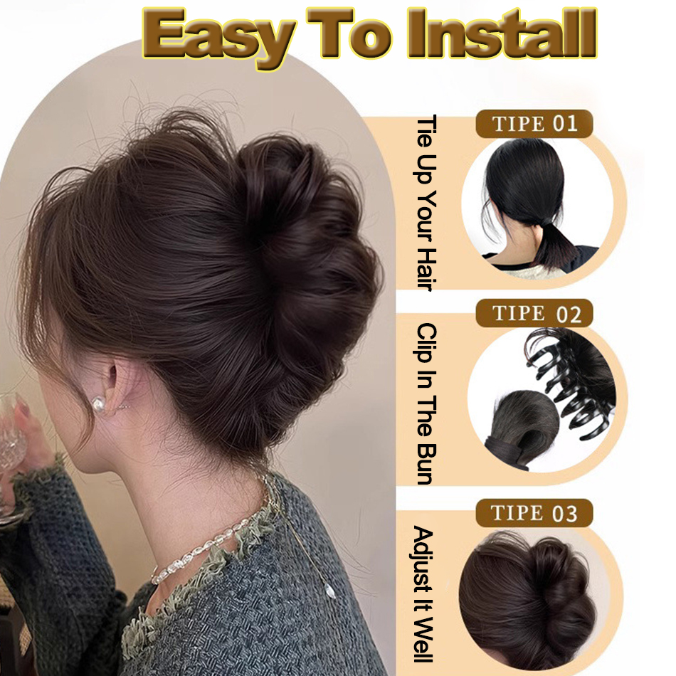 Synthetisches, unordentliches Dutt-Haarteil, Krallenclip, Pferdeschwanz-Extensions, Scrunchie-Stil, Lazy Flower Bud Dutt, Chignon, gewellter, lockiger Pferdeschwanz