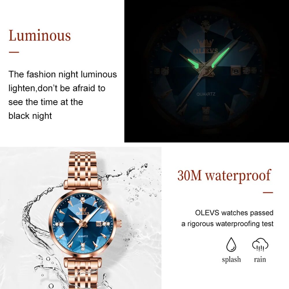OLEVS 5536 reloj de cuarzo para mujer, moda de lujo, espejo rombo, oro rosa, acero inoxidable, resistente al agua, luminoso, reloj de pulsera para mujer