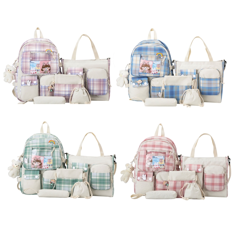 5pcs Plaid Backpack School Student Bookbags Casual Daypack Handbag Shoulder Drawstring Bag Pencil for Case Set for Girls Women