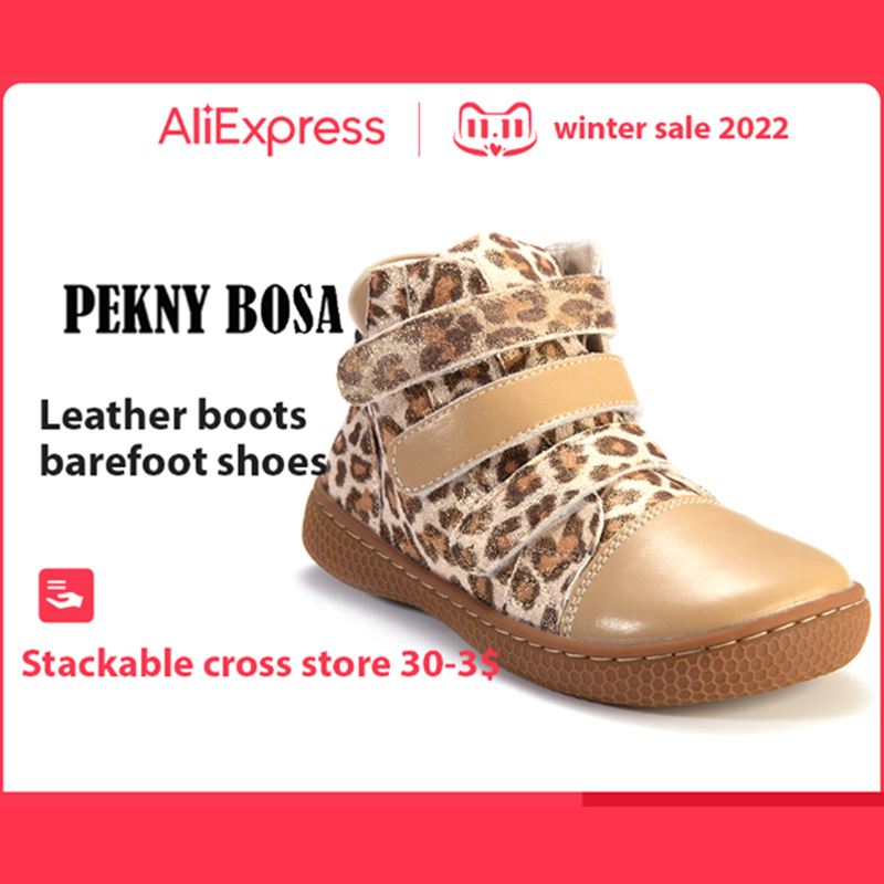 PEKNY BOSA-Botas de leopardo para niño y niña, zapatos tobilleros de cuero de fondo suave, con dedos anchos, descalzos