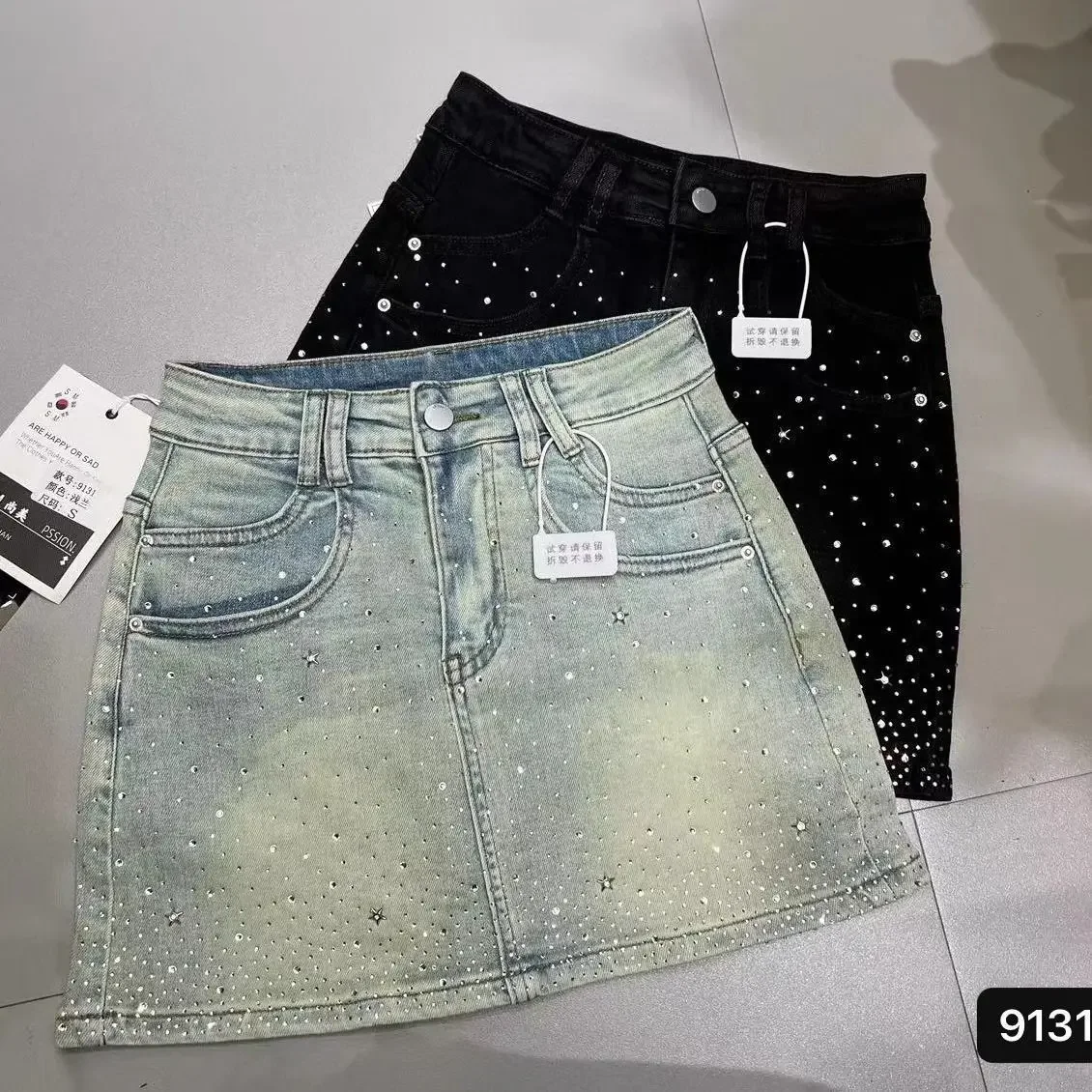 Falda vaquera estrellada con diamantes de imitación para mujer, novedad de verano 20224, falda vaquera Retro adelgazante acampanada