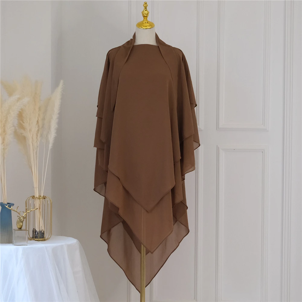 3 層シフォンヒジャーブイスラム服ロングキマール祈りの服女性ヘッドカバーイスラム教徒スカーフ Niqab ラマダンイード頭飾り