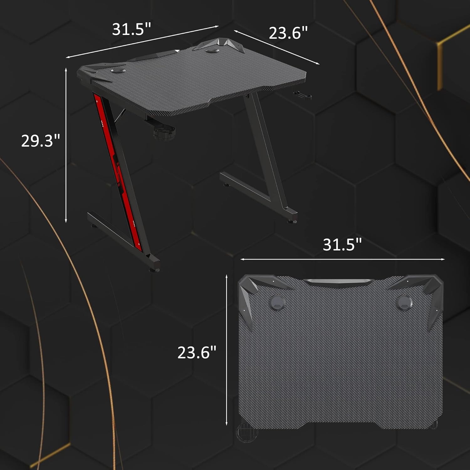 Gaming Computer Desk with Carbon Fiber Surface, Gaming Table Z Shaped Pc Home Office with Cup Holder&Headphone Hook(32 in)