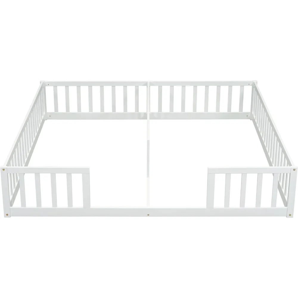 Size Double Frame Floor Bed with Fence, Montessori Floor Bed w/Safety Guardrails for Girls, Boys, No Box Spring Needed, White