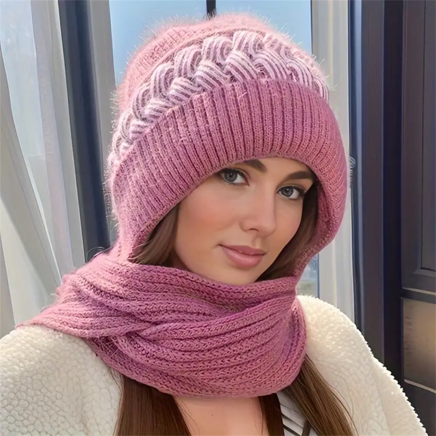 Chapéu de malha tudo-em-um quente de inverno feminino cachecol, confortável à prova de vento elástico ciclismo earmuffs chapéu quente