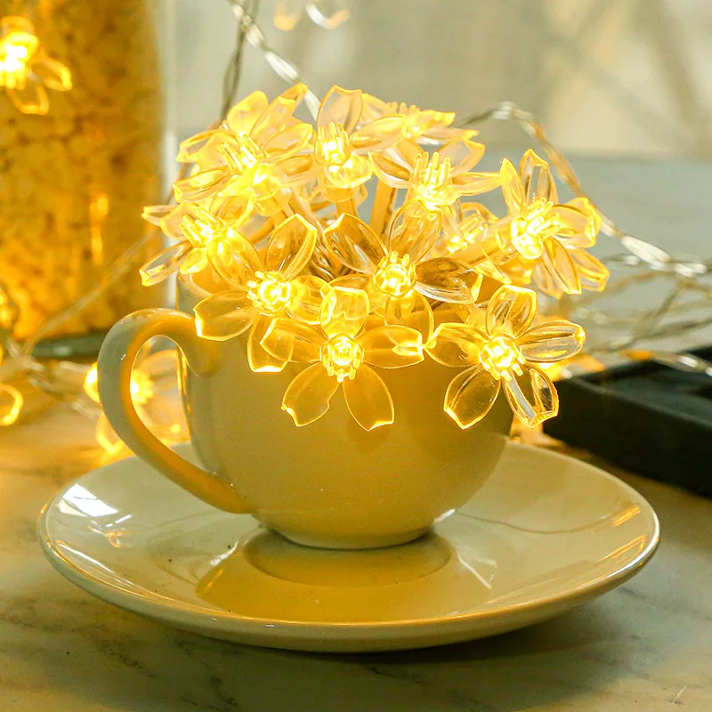 Cherry Blossom ดอกไม้ Garland โคมไฟ USB ดําเนินการ LED String ไฟ Fairy ดอกไม้คริสตัลในร่มงานแต่งงานคริสต์มาส Decors