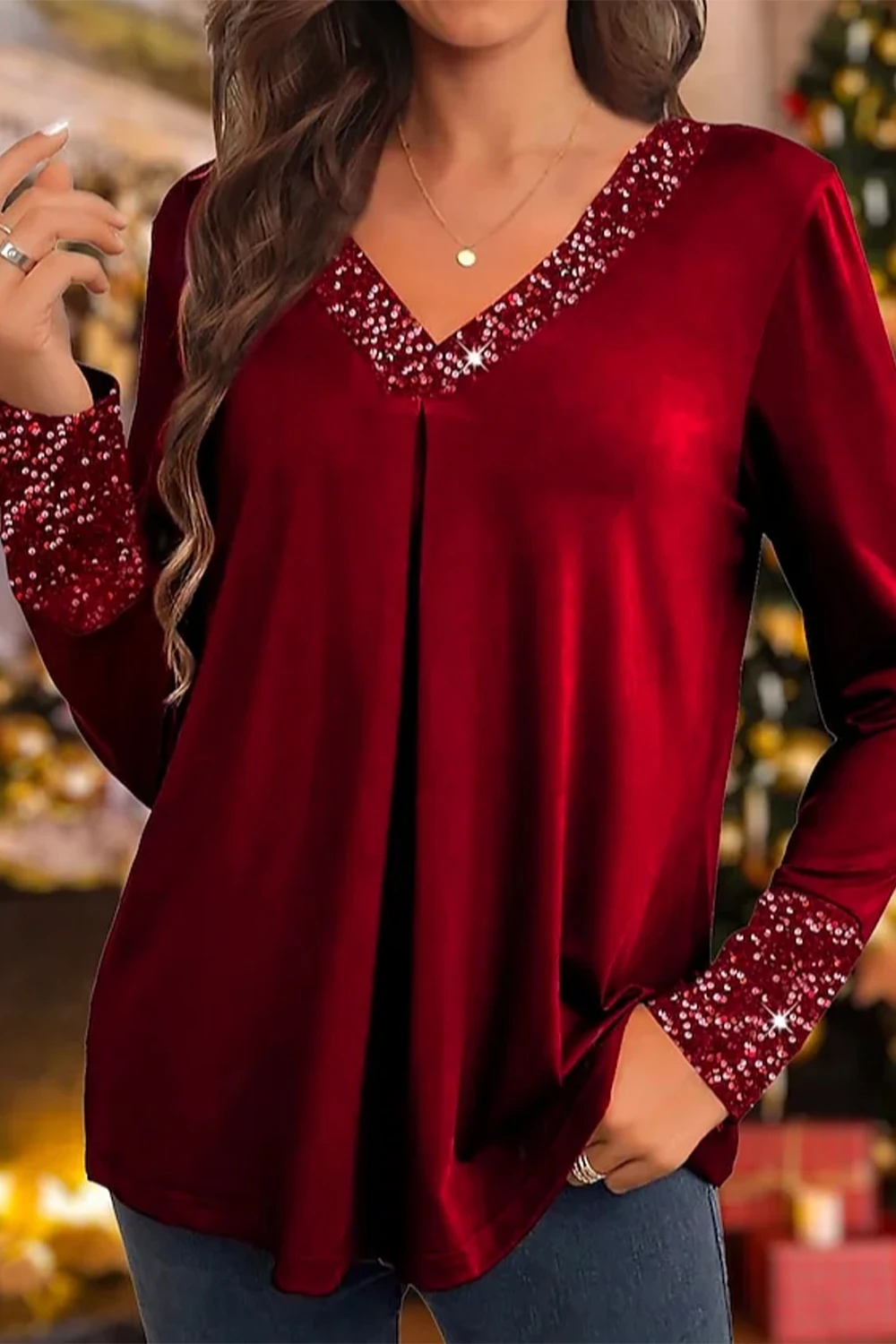 Flycurvy-Blusa de manga larga con cuello en V para mujer, camisa informal de color azul con botones degradados, talla grande, Otoño e Invierno