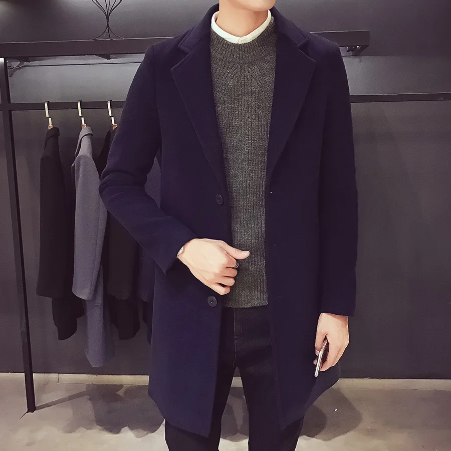 Abrigo largo de algodón para hombre, chaqueta cortavientos ajustada de mezcla de lana, Color puro, informal, moda de negocios, otoño e invierno, 2024
