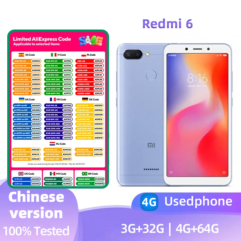 Xiaomi Redmi 6 4G Android 5,45 pulgadas RAM 3GB ROM 32GB MediaTek Helio P22 Teléfono usado