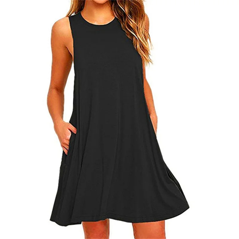 Vestido de mujer, camiseta informal de verano, vestidos de playa, vestido plisado liso con bolsillos sin mangas
