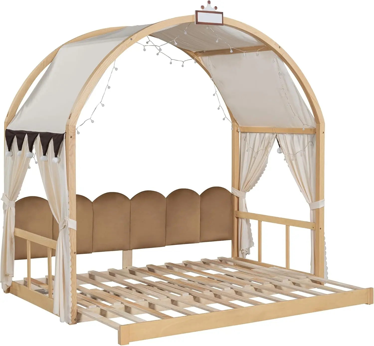 Floor Bed with Light and Curtain Twin to 2 Twin, Wood House Montessori Bed Frame with Arched Roof and Trundle, Extending Kids