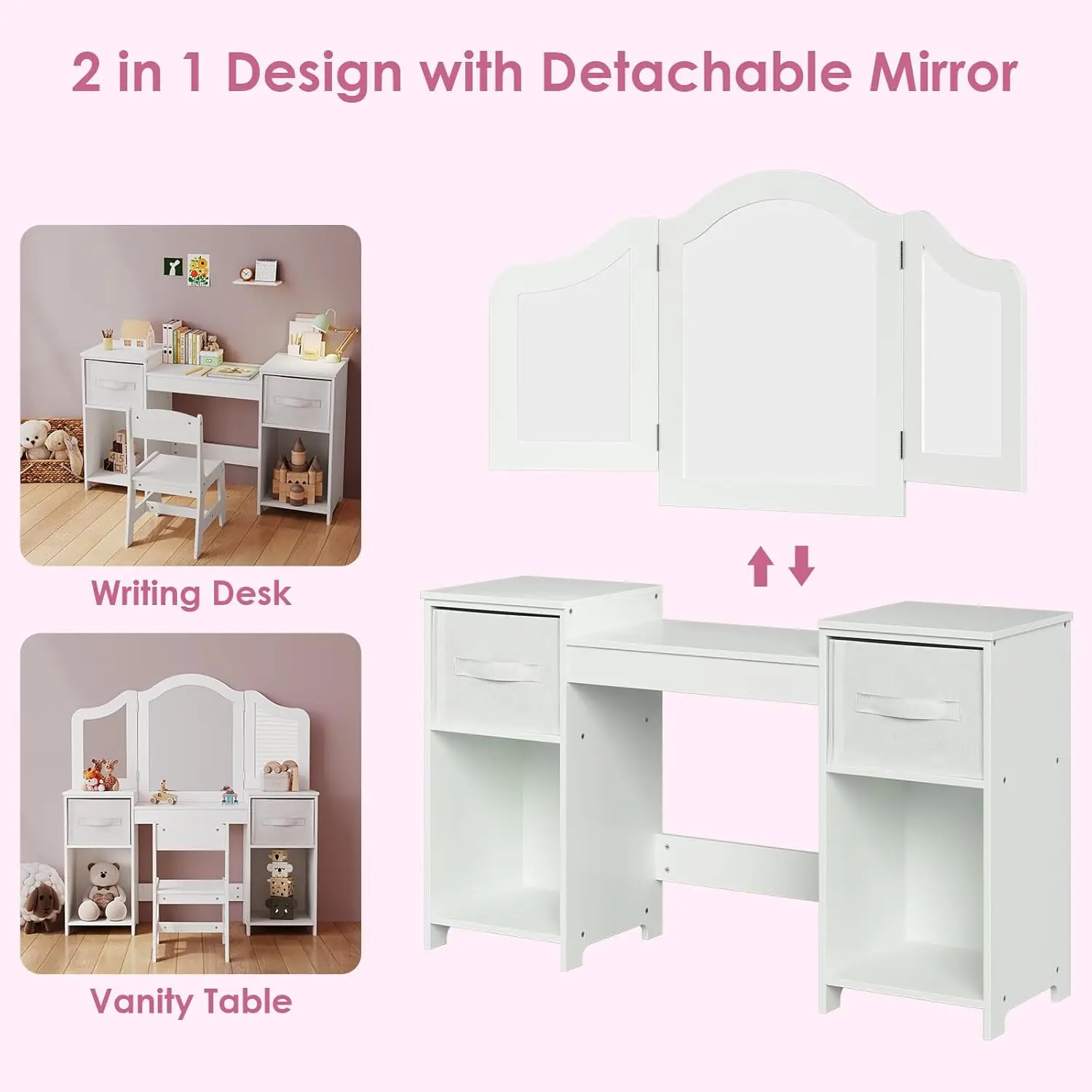 Kinder-Waschtisch, 2-in-1-Prinzessin-Make-up-Schreibtisch- und Stuhl-Set mit dreifach klappbarem, abnehmbarem Spiegel, große Ablageflächen aus Holz