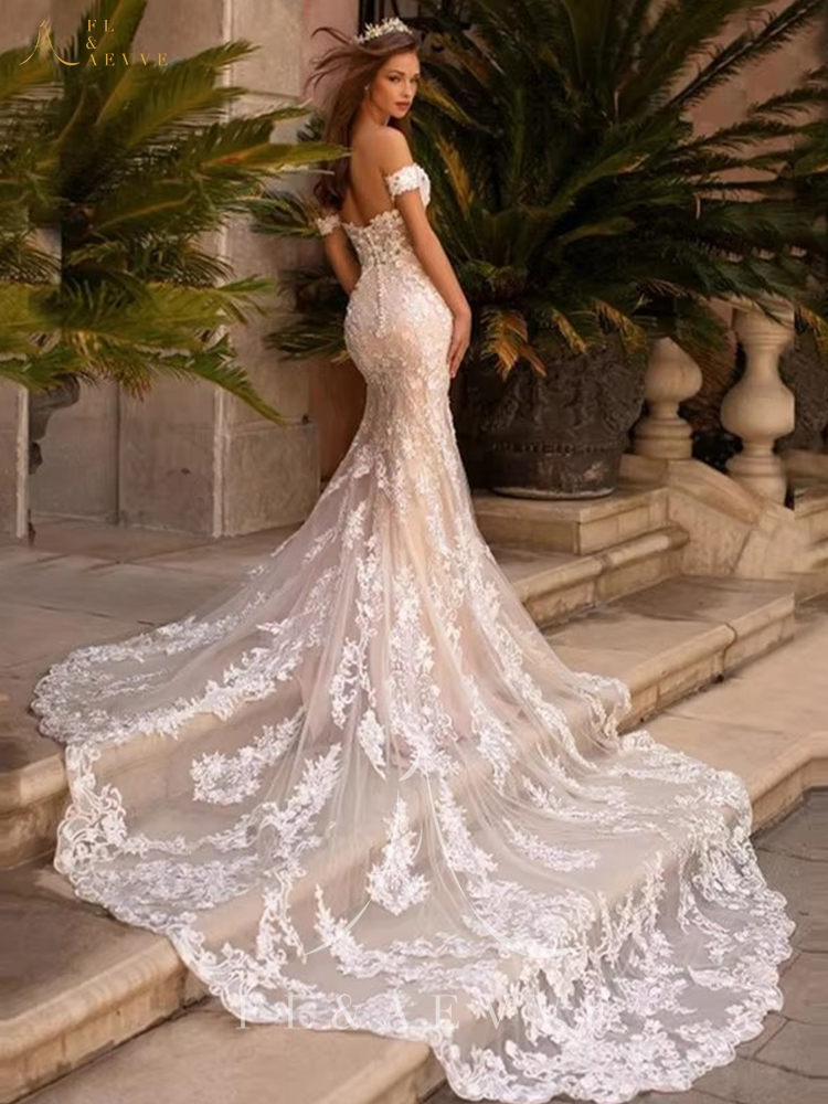 FL&AEVVE Maßgeschneiderte Meerjungfrau-Spitze-Brautkleider mit Herzausschnitt, schulterfrei, Brautkleider, rückenfrei, Knopfleiste, Robe De Mariée