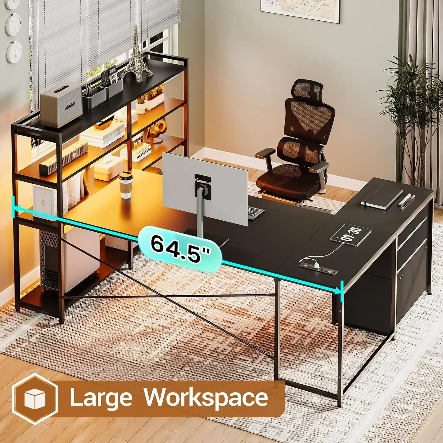 L Shaped Desk, Reversible U Shaped Computer Desk with Power Outlet and Storage Shelves, Corner Gaming Desk with LED Lights, 3 Fa
