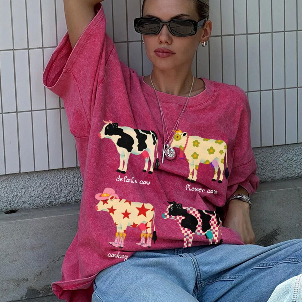 Camiseta con estampado de vaca de dibujos animados, algodón puro, hombros lavados, cuello redondo, estilo Neutral, tendencia de moda, nuevas mangas cortas de alta calidad
