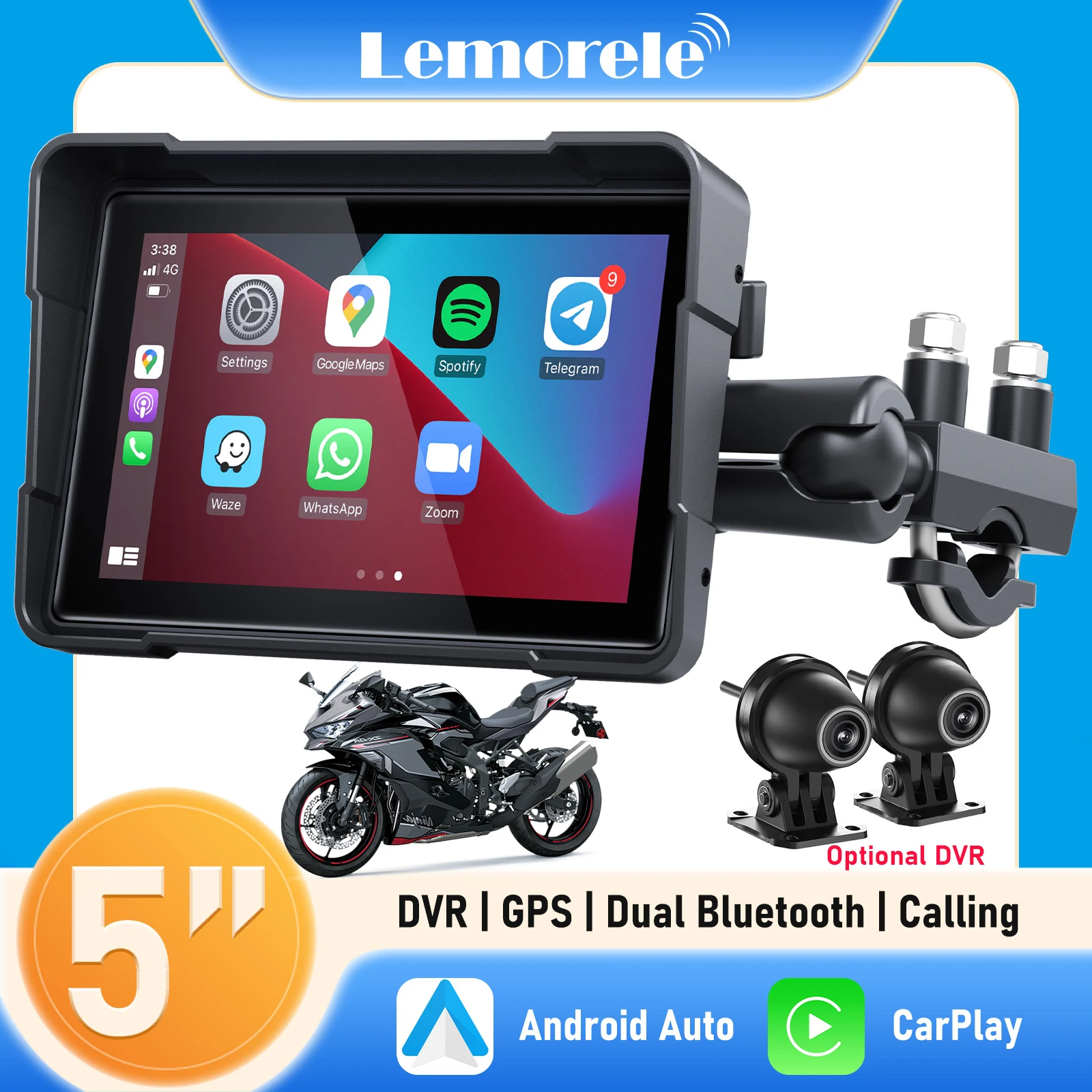 Lemorele Tela GPS para motocicleta de 5 polegadas com DVR opcional, CarPlay sem fio e Android Auto, display de navegação portátil