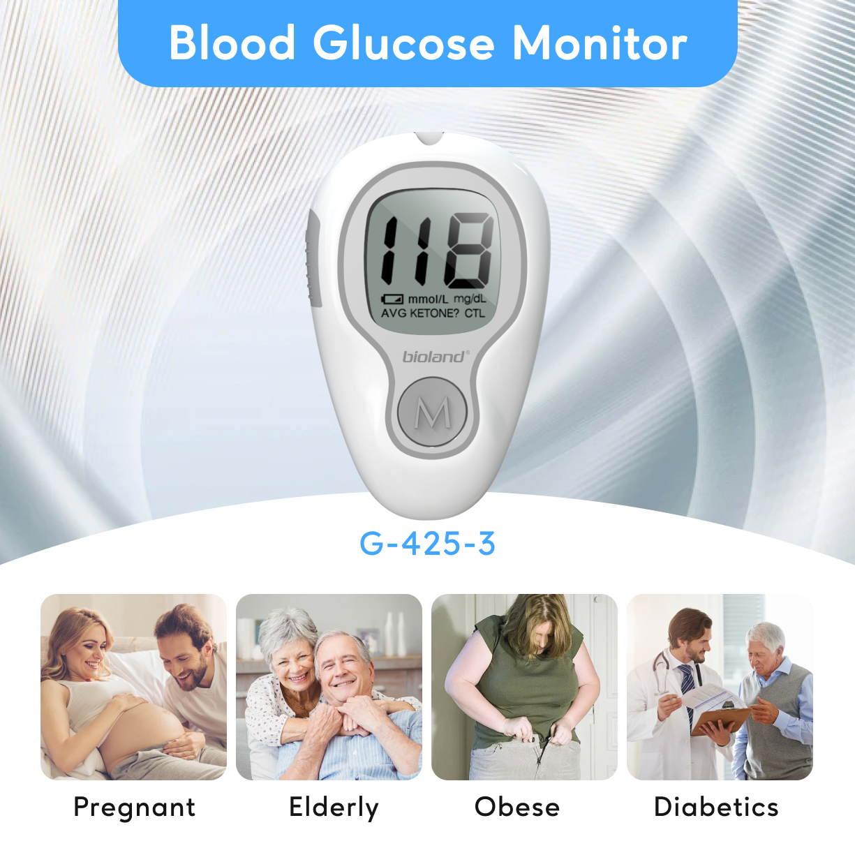 Medidor de glucosa en sangre, glucómetro, juego completo de tiras reactivas de glucosa, Monitor médico de azúcar en sangre para Diabetes, bioland G-425-3, Kit completo