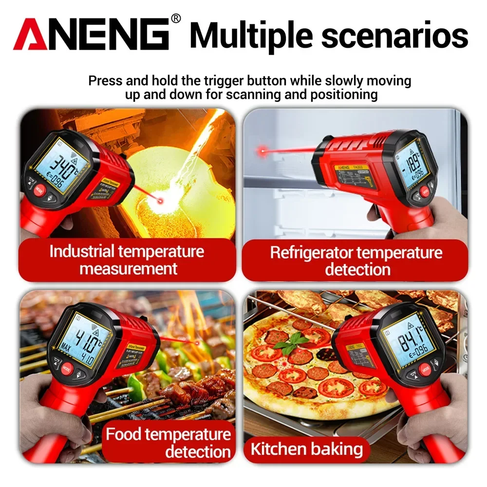 ANENG TH202 Termómetro infrarrojo sin contacto -50~600 ℃   Medidor de temperatura láser digital Pantalla LCD Probador de pistola de puntual de pirómetro