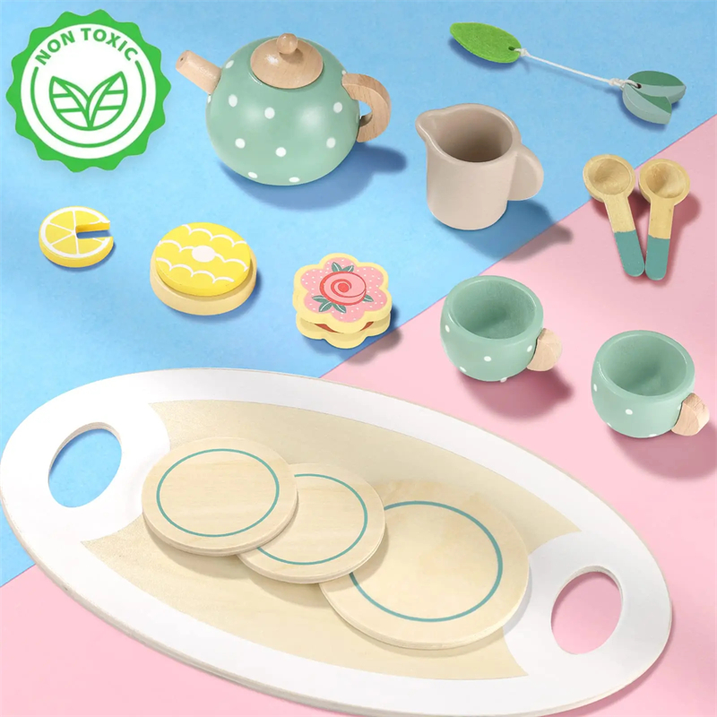 Conjunto de chá da tarde de madeira brinquedos para meninas meninos crianças comida fingir jogar brinquedos simulação cozinha conjunto de xícara de chá de madeira brinquedos para crianças