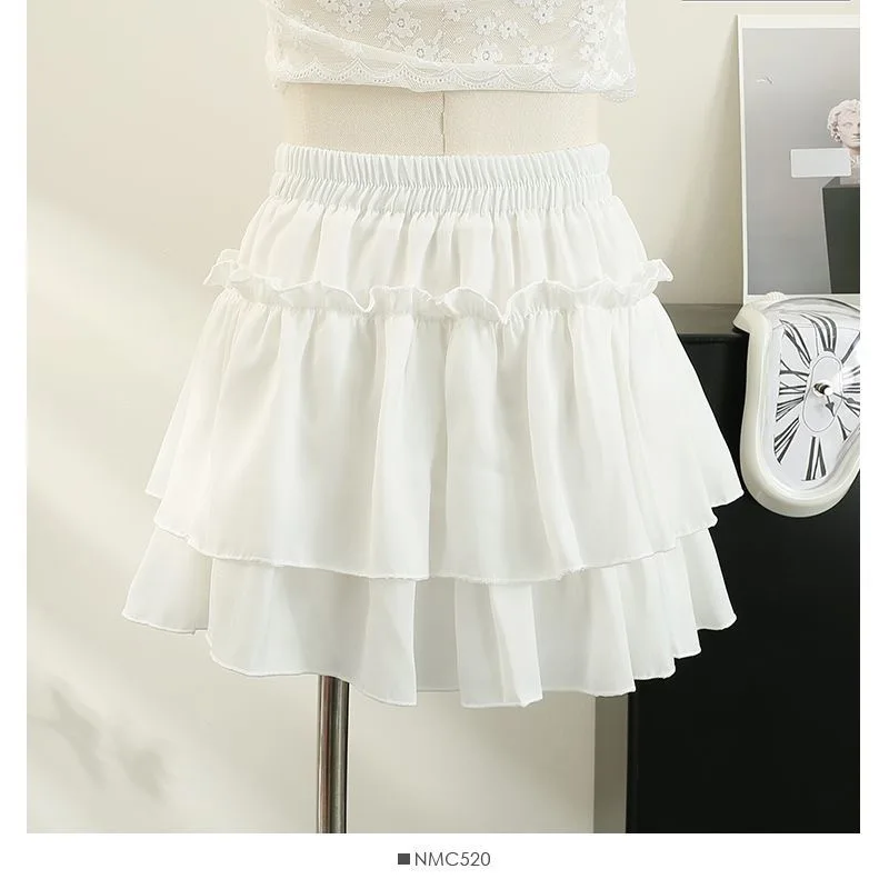 Falda Kawaii de verano con volantes blancos, Mini Faldas de gasa ajustadas a la moda para mujer, Faldas femeninas Y2k que combinan con todo, Faldas negras elásticas de cintura alta