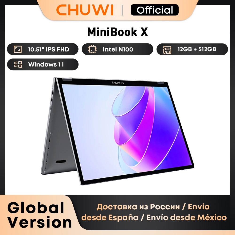 México SIN impuestos CHUWI MiniBook X Laptop Tablet PC 2 en 1 12GB LPDDR5 512G SSD Intel N100 Pantalla FHD IPS de 10,51 pulgadas Windows 11