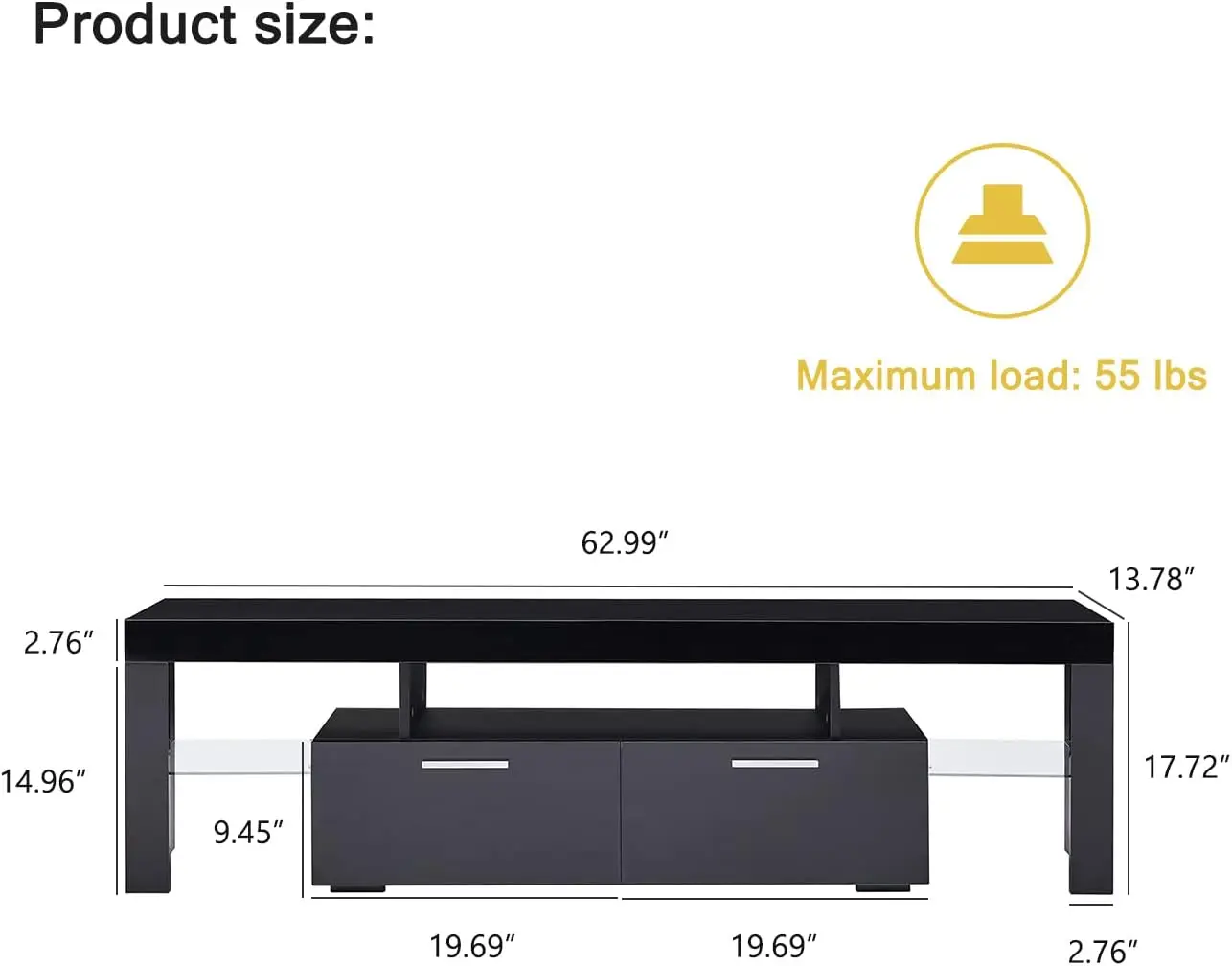 Black LED TV Stand for 75 Inch TV, High Gloss TV Entertainment Center with Storage Drawer, TV Console Table for Living Room
