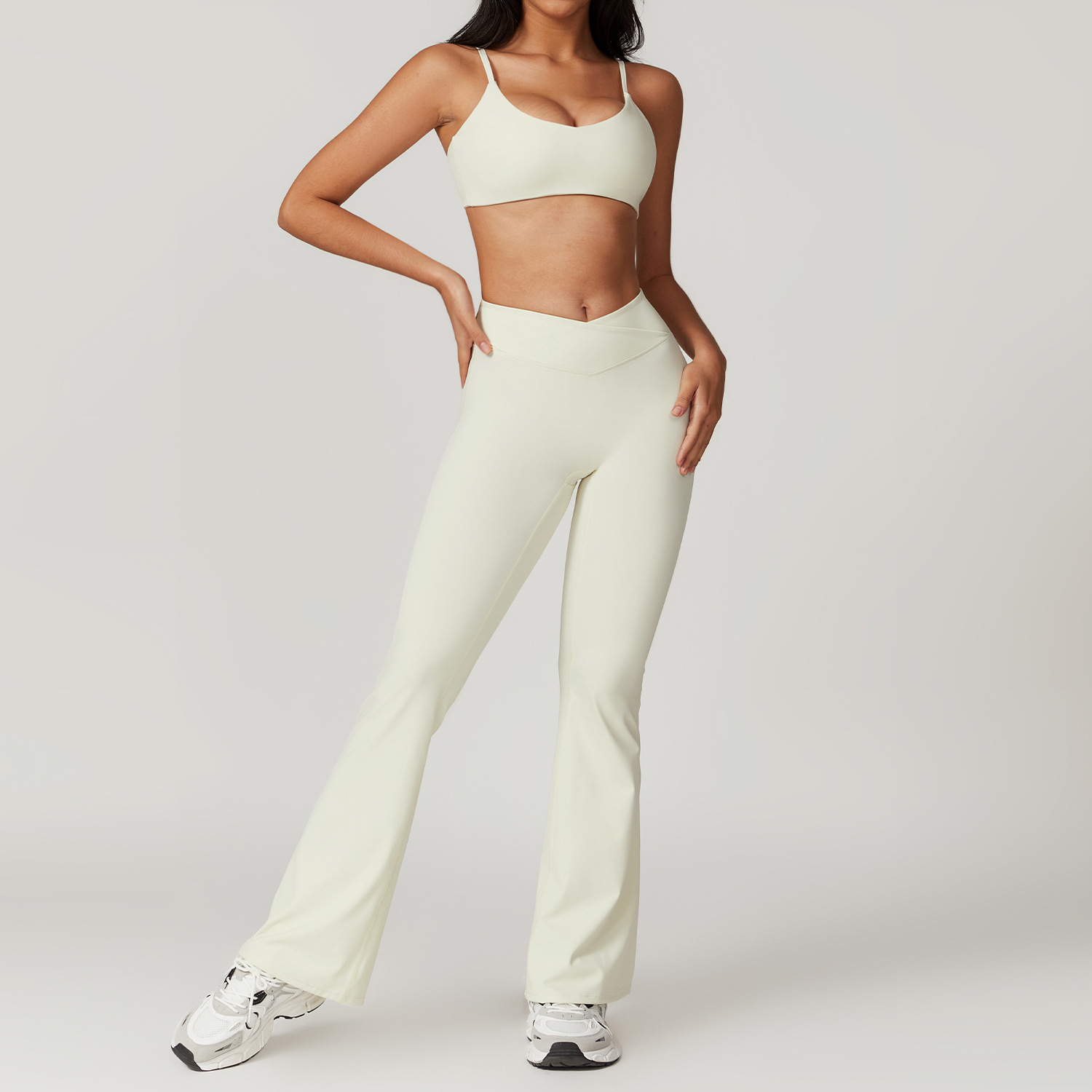 Traje de Yoga para gimnasio para mujer, conjunto deportivo ajustado, camisetas transpirables de entrenamiento, sujetador, Top corto de manga corta, pantalones acampanados, 2 uds.