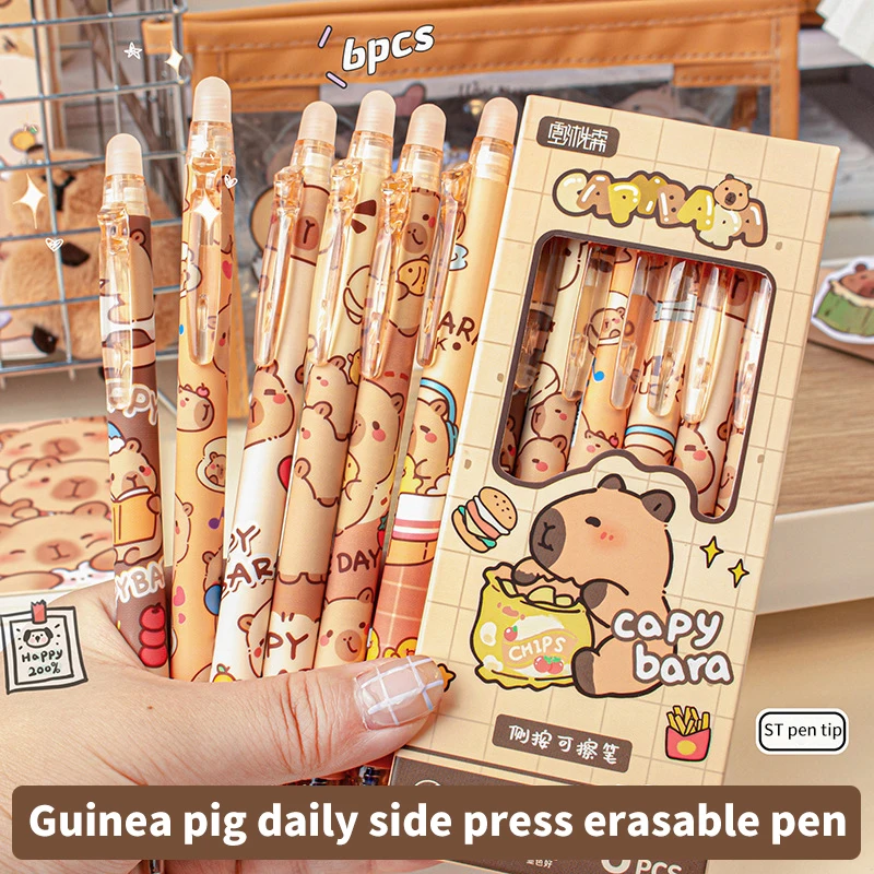 6Pcs Cute Capybara Gel Pens Kawaii Pen Set Quickly-Drying Blue Erasable Pens Office School Supplies Kawaii Aesthetic Stationery