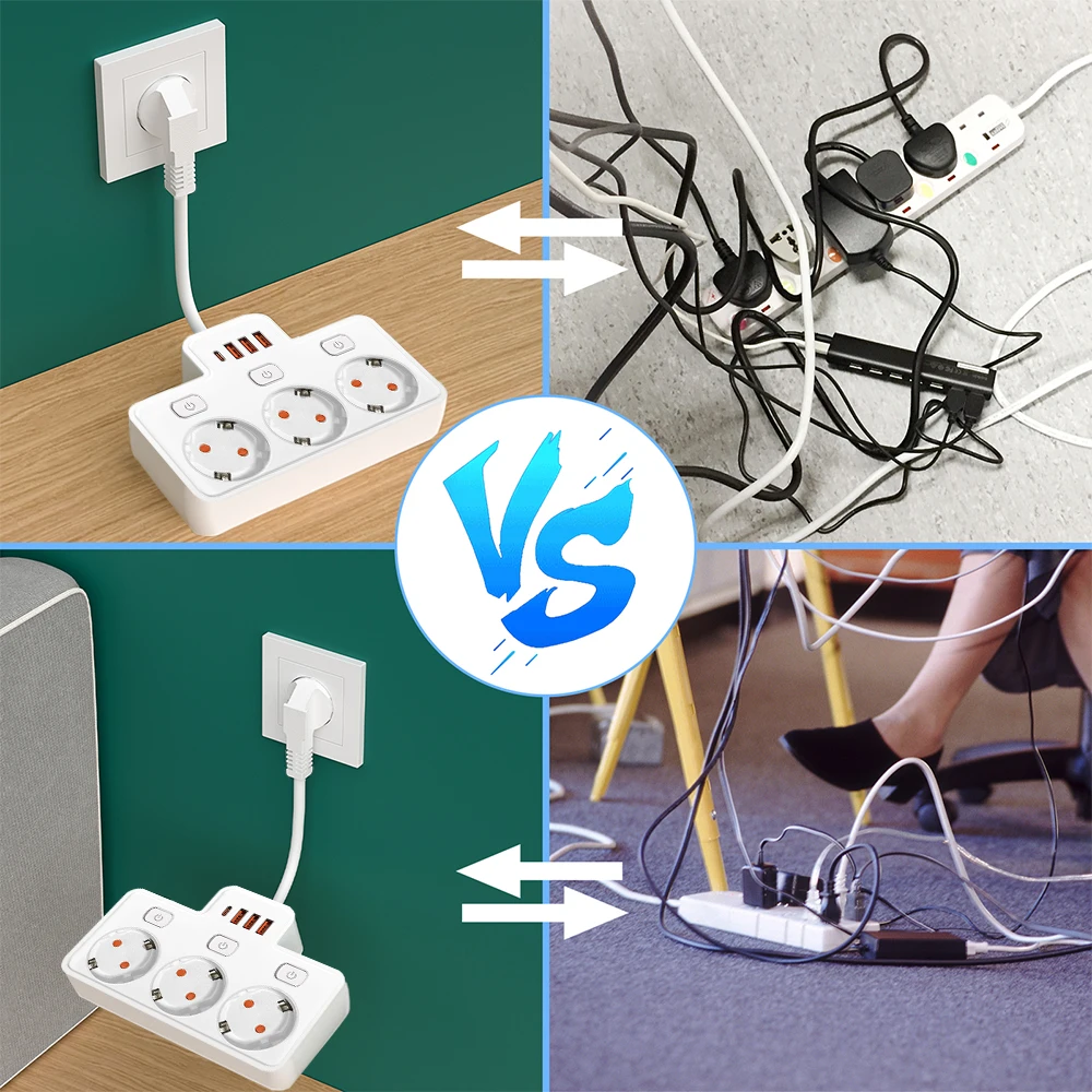 EU AC Plug Power Strip Wall Mounted Independent Switch Multitap Socket Network Filter With USB Charging Network Filter Adapter