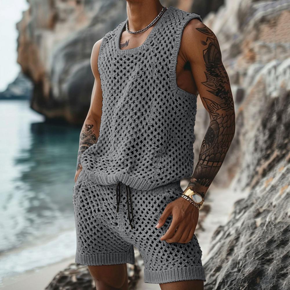 Vest Shorts Set Men's Casual Sleeveless Knit Top Drawstring Shorts Set for Daily Wear Elastic Waist Wide Leg Shorts for Men's