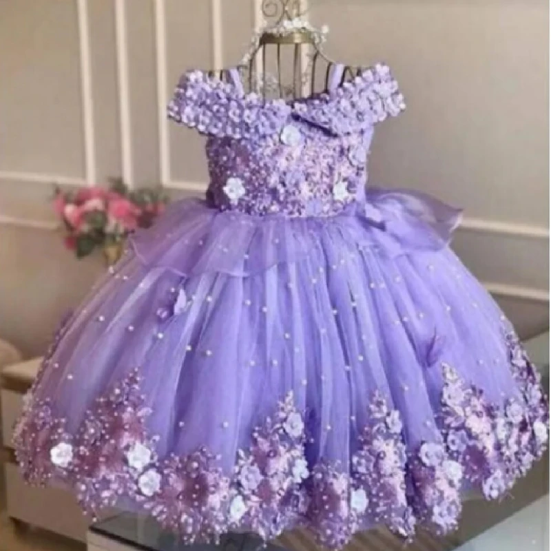 사용자 정의 블루 아기 소녀 드레스 Tulle 꽃 진주 나비 소녀 드레스 결혼식 생일 성찬식 가운에 대한 어깨에서 떨어져