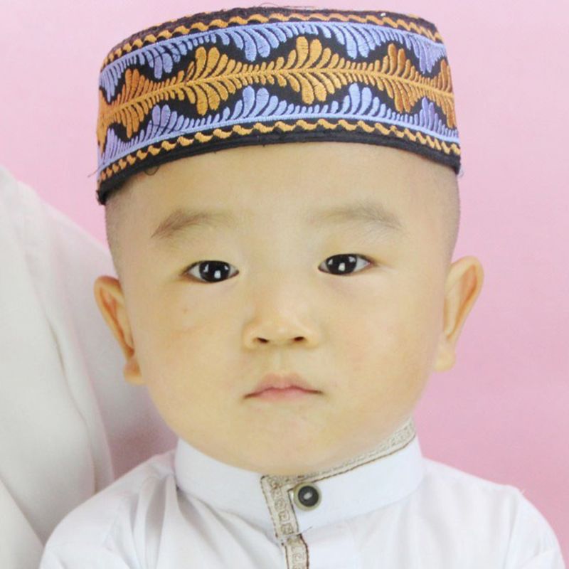 Islamic Muslim Kids Hat Boys Pray Embroidery Round Cap Saudi Arabian Prayer Beanie Accessories
